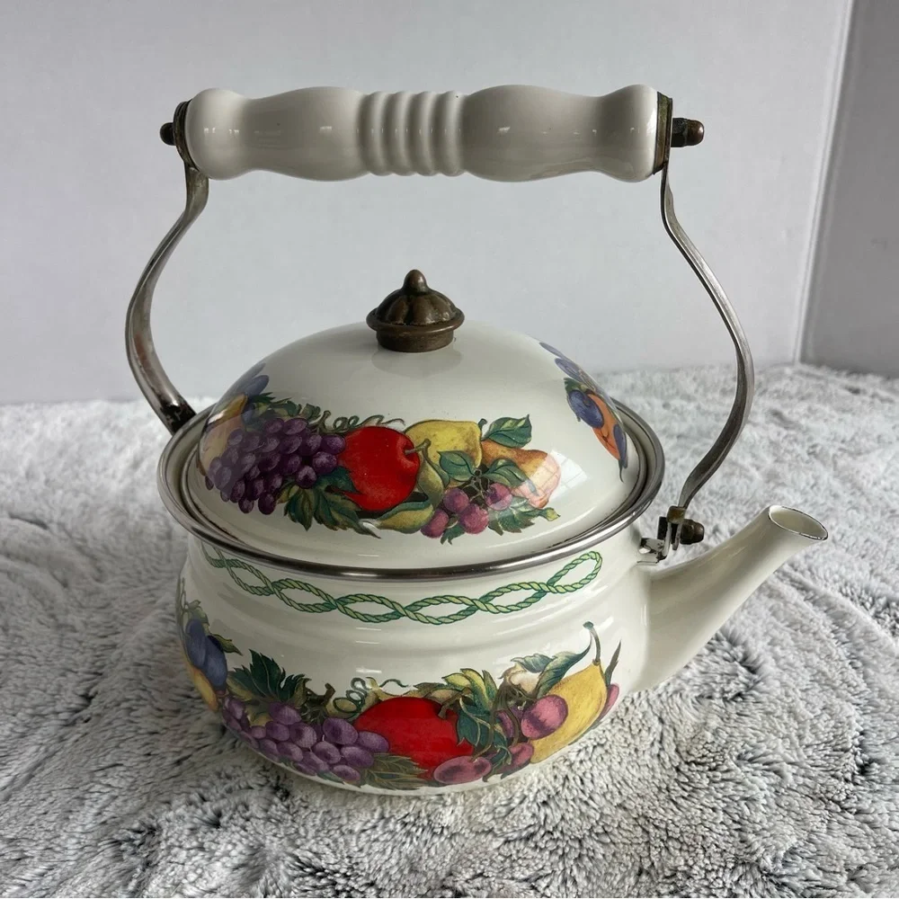 Vintage Teapot Cornucopia Enamel Brass Rimmed
